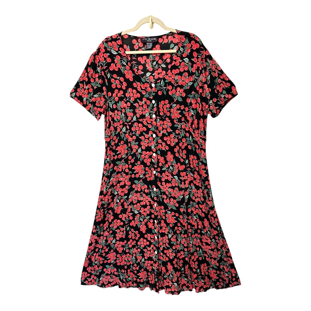 J.G. Hook PETITE Women's Novelty Cherry Print Dress PXL Button Rayon VINTAGE